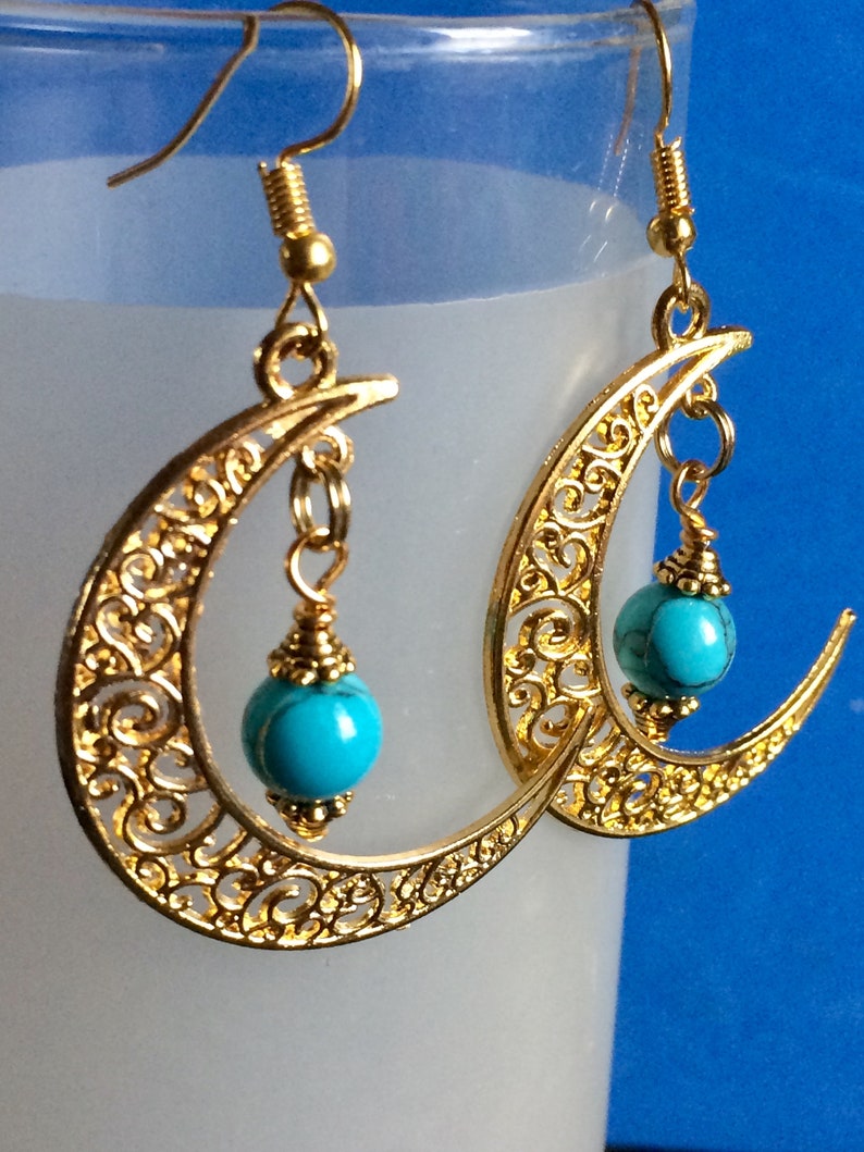 Crescent Moon Earrings with Blue Howlite Stone