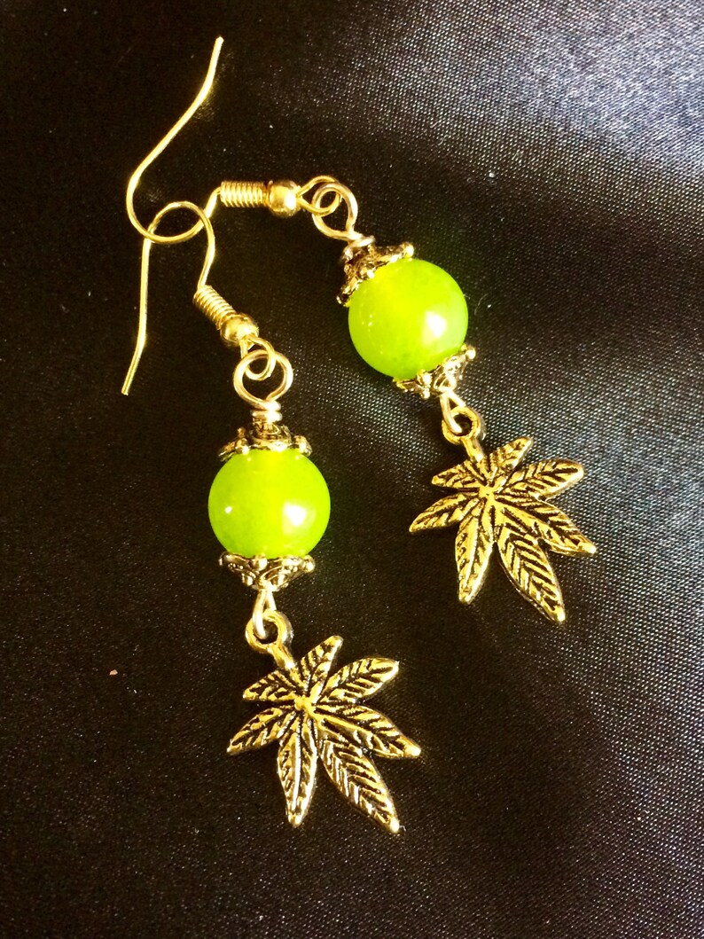 Marijuana Leaf Earrings with Green Peridot Bead