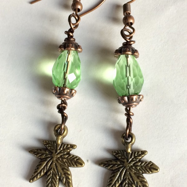 Marijuana Leaf Copper Earrings With Peridot Color Crystals