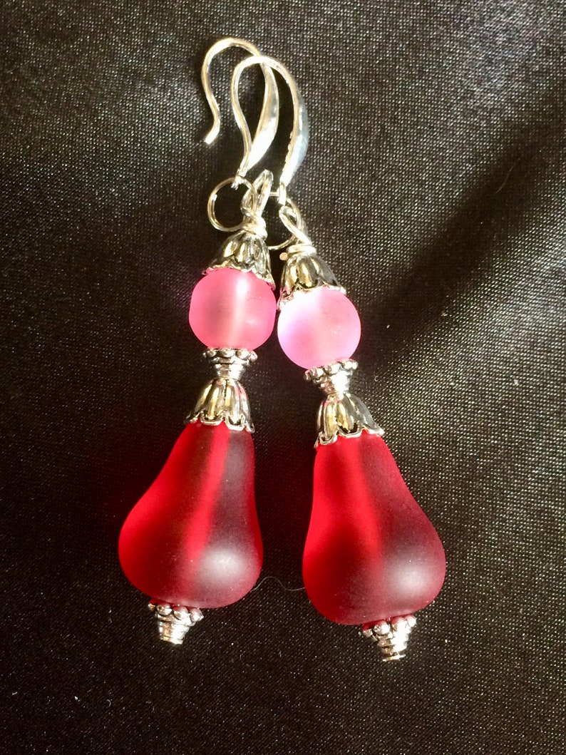 Frosted Glass Sea Glass Style Pear Flower Dangle Earrings