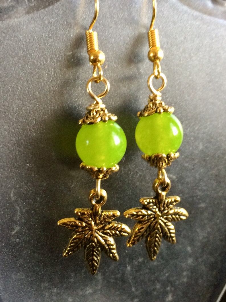 Marijuana Leaf Earrings with Green Peridot Bead
