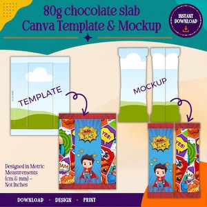 Puede incluir: Una plantilla y maqueta de Canva para tableta de chocolate de 80g con un diseño gráfico de superhéroe. La plantilla muestra un diseño plano con un héroe de dibujos animados, globos de texto de cómic y estrellas.