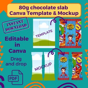 Puede incluir: Gráfico turquesa con texto e ilustraciones para una plantilla y maqueta de Canva de tableta de chocolate. El texto incluye "80g chocolate slab Canva Template & Mockup", "Descarga instantánea", "Editable en Canva" y "Arrastrar y soltar".