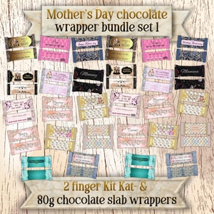 May include: A collection of Mother's Day chocolate wrappers in various colors and designs. The wrappers feature text such as "Mom", "Mommy", and "Granny". The image also includes text that says "2 finger Kit Kat- & 80g chocolate slab wrappers".