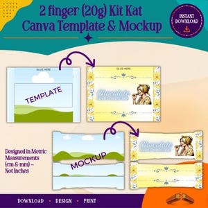 Pode incluir: Um kit de design digital para uma embalagem de Kit Kat de 2 dedos e 20g, incluindo modelo e maquete. Os gráficos incluem uma borda floral amarela, uma ilustração de uma pessoa comendo chocolate e o texto Chocolate Always Understand.