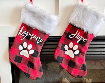 Buffalo Plaid Christmas Stockings / Personalized Christmas Stocking / Red & Black Custom Christmas Stockings / Fur Christmas Stocking