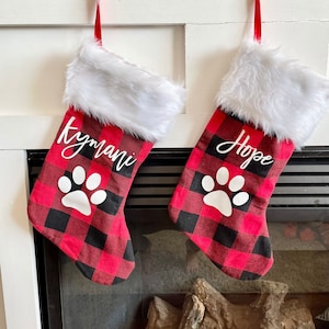Buffalo Plaid Christmas Stockings / Personalized Christmas Stocking / Red & Black Custom Christmas Stockings / Fur Christmas Stocking