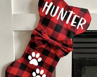Personalized Buffalo Plaid Pet Stocking, Dog Bone Paw Print Christmas Decor