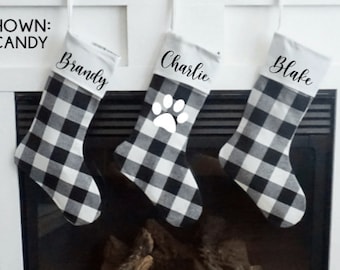 Buffalo Plaid Christmas Stockings / Personalized Christmas Stocking / Black & White Custom Christmas Stocking / Farmhouse Christmas Stocking