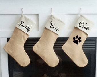 Personalized Burlap Christmas Stockings / Jute Christmas Farmhouse Decor / Beige Christmas Stockings / Pet Christmas Stocking