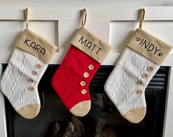 Personalized Jute Burlap Christmas Stockings / Christmas Stocking Decor / Beige Christmas Stockings / Pet Christmas Stocking / Knit Stocking