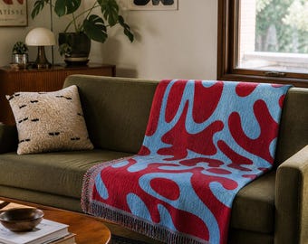 Coperta in tessuto 100% cotone / Arte astratta cremisi e verde acqua, 50x60 cm, accogliente decorazione per la casa
