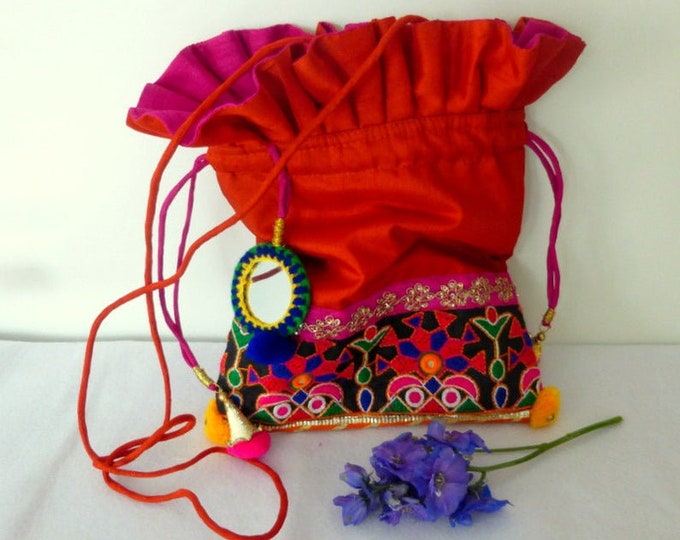 Drawstring bag Orange women/'s bags Orange handbag Bag Orange Orange evening bag evening bag Orange purse small purse Polysilk Bag