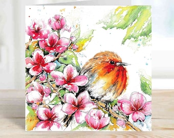 Fluffy Springtime Robin Art Card Watercolour Painting  Birds Nature Pink Blossom Springtime Spring Season Bird Art Robins