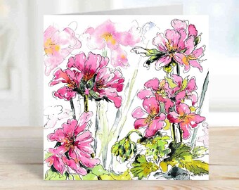 Pink Geranium Art Card - Textured Cardstock with White Envelope Blank for Own Message Garden Flower Nature Watercolour Wildflower Artwork