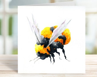 Bumble Bee Blank Greetings Card Watercolour Original Artwork Bees Nature Wildlife Endangered Bees Honey Pot Gardeners Yellow Orange Insects
