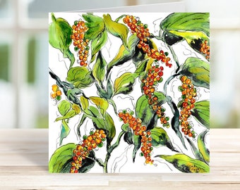 Black Pepper Blank Greeting Card of my Original Watercolour and Pen Painting Essential Oil Series Nature