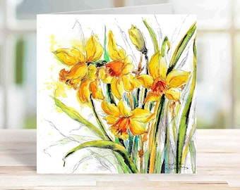Springtime Daffodils Art Card - Textured Cardstock with White Envelope Blank for Own Message Favourite Yellow Floral Narcissus Garden Flower