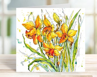 Daffodils Dancing Art Card - Textured Cardstock with White Envelope Blank for Own Message Favourite Yellow Floral Narcissus Garden Flowers