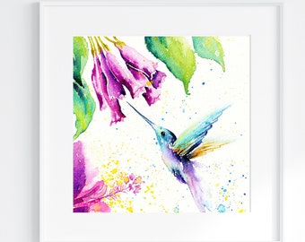 Hummingbird - Print of the Original Pen and Watercolour Art in a Mount Ready to Frame Hibiscus Ichrona Flowers Tropical Birds