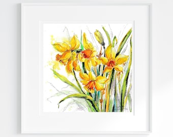 Daffodils -  Print of the Original Pen and Watercolour Art in a Mount Ready to Frame Narcissus Spring Flowers