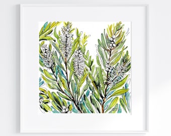Tea Tree Original Pen and Watercolour Art in a Mount Ready to Frame