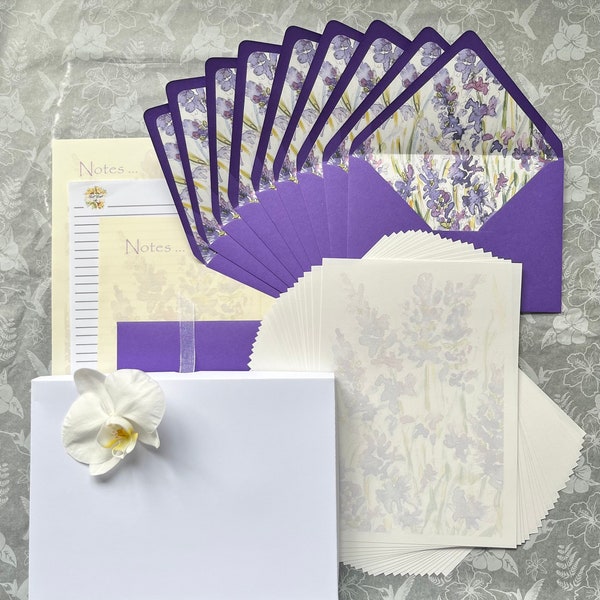 Coffret cadeau unique Jardin anglais lavande Lettres à lettres Ensemble de papeterie Enveloppes avec lignes à la main Papiers imprimés Aquarelles originales