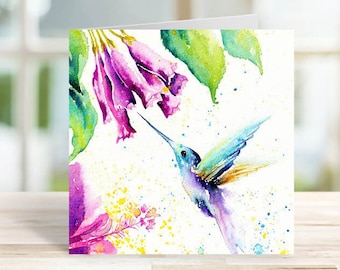 Hummingbird with Tropical Flowers Art Card - Blank for Own Message Pretty Birds Art of Nature