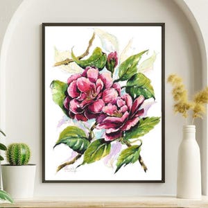 Pink Camellia Original Hand Painted Art: Elegant Symbolic Floral Décor Watercolour Wall Art Wildflowers Rose-like Bush Mounted Painting Gift