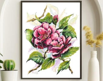 Pink Camellia Watercolor Painting: Elegant Floral Wall Art, 9x12