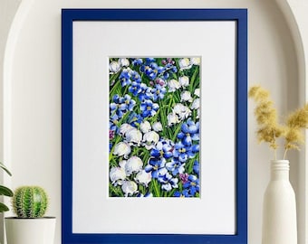 Original Watercolour Painting: Blue Forget-me-nots, White Lily of the Valley, French Blue Frame