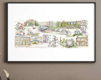 Sheffield Cityscape Illustration, Framed Yorkshire Art, England Gift
