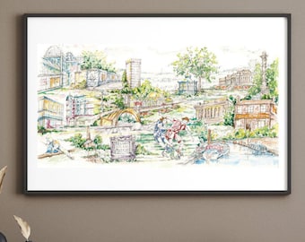 Sheffield Cityscape Illustration, Framed Yorkshire Art Print, English Floral Gift