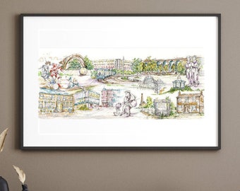 Sheffield Cityscape Illustration Fine Art Print - Historical Landmarks - Yorkshire - Unframed - Book Mounted - Yorkshire England Gift