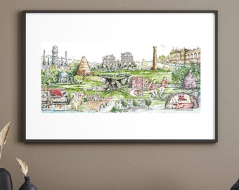 Rotherham Townscape (No.1) Yorkshire, England, Original Illustration, Historical Landmarks Nostalgia, White Mount, Ready to Frame Art Gift