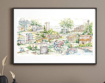 Sheffield Cityscape Art Print: Yorkshire, England Landmark Illustration