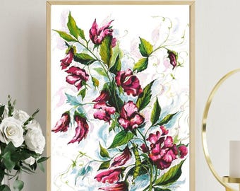 Sweet Pea Floral Watercolour Art Print: Deep Pink Floral Botanical Gift