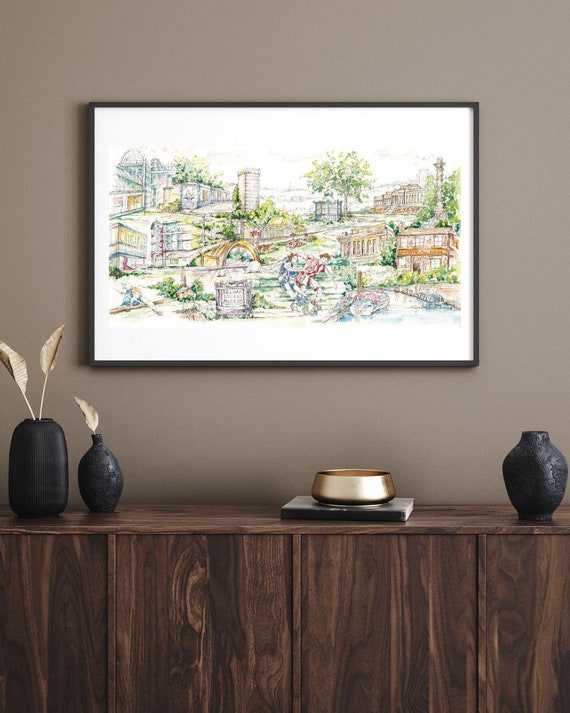 Sheffield Cityscape (No.1) Original Illustration, Historical, Landmarks, Nostalgia, Soft White Book-Mounted, Framed Art, Yorkshire, England