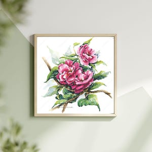 Pink Camellia Fine Art Print: Elegant, Symbolic Floral Décor Hand-Painted Floral Watercolour Original Wall Art Wildflowers Mounted Painting
