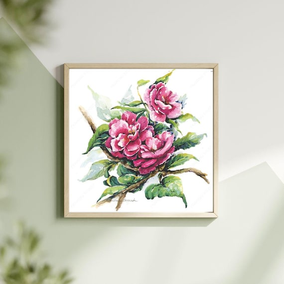 Pink Camellia Fine Art Print: Elegant, Symbolic Floral Décor Hand-Painted Floral Watercolour Original Wall Art Wildflowers Mounted Painting
