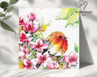 Robin in Pink Blossom - Art Card – Watercolour Design - Blank with Envelope