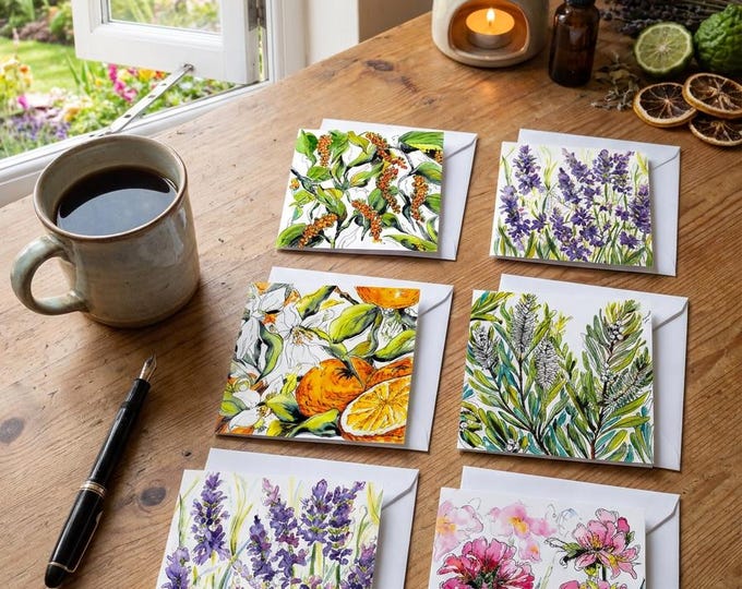 Featured listing image: Complete Set of 6 Art Cards Collection Essential Oil Series – Lavender, Bergamot, Tea Tree, Orange, Black Pepper, Geranium, Celebrate Nature