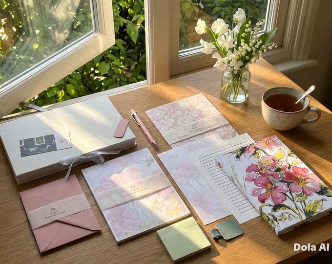 Featured listing image: Luxury Boxed Scented Pink Geranium Flower - Stationery Gift Set – Original Watercolour Artist’s Design - ‘A Little Box of Paper Treasures’