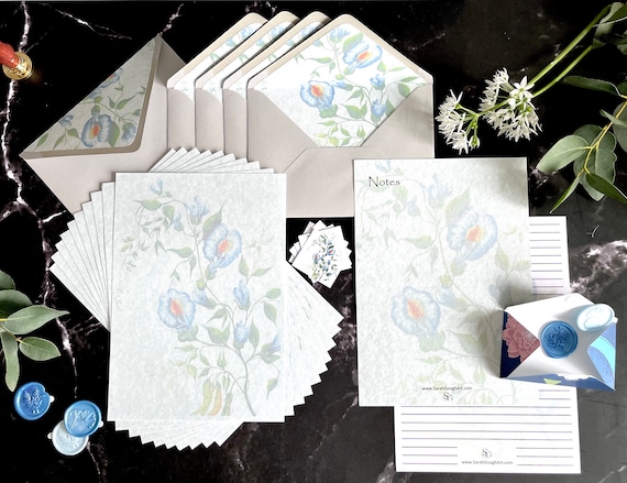 Luxury Scented Butterfly Pea, Original Art Design Handmade Stationery Gift Set, Blue Parchment Letter Writing Paper Lined Envelopes Flower