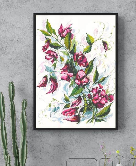Deep Pink Sweet Peas: Fine Art Print - Home Décor, Unframed Floral Portrait Watercolour Wall Art Botanical Garden Flowers Plant Artwork Gift