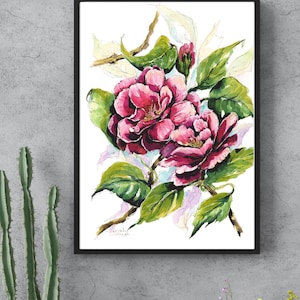 Pink Camellia Fine Art Print: Elegant, Symbolic Floral Décor Hand-Painted Floral Watercolour Original Wall Art Wildflowers Mounted Painting