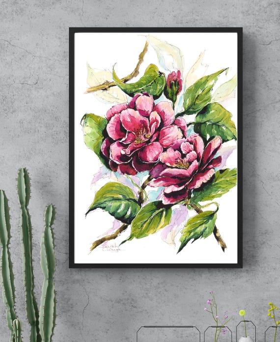 Pink Camellia Fine Art Print: Elegant, Symbolic Floral Décor Hand-Painted Floral Watercolour Original Wall Art Wildflowers Mounted Painting