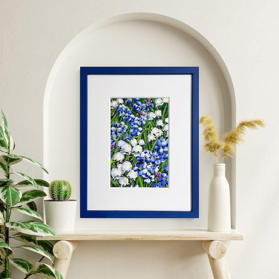 Wild Blue Forget-me-Nots and white Lily of the Valley blooms in vibrant watercolour. Framed in blue with AR-70 anti-glare glass & wide mount