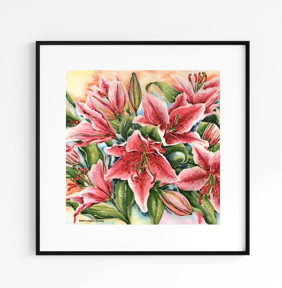 Vibrant Pink Stargazer Lilies: Hand-Painted Floral Watercolour Original Art Wildflower Blooms Unframed Small Painting Wall Artworks Floral