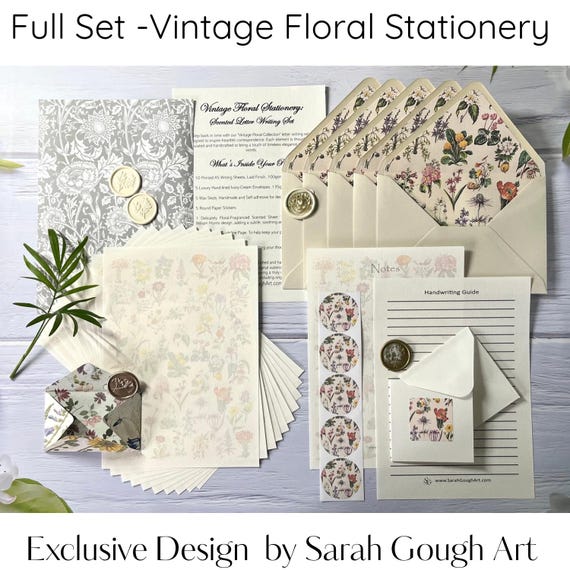 Luxury Scented Vintage Floral Letter Writing Stationery - Handmade, Laid Papers, Lined Envelopes, Exclusive Original Art Wax Seals Gift Set